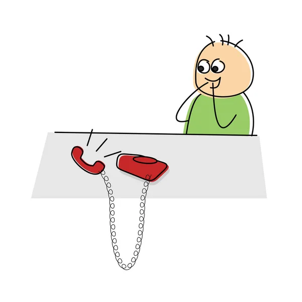 Cute cartoon figure laughing at a phone call as he listens to the caller shouting into the phone with the handset lying abandoned on the desk