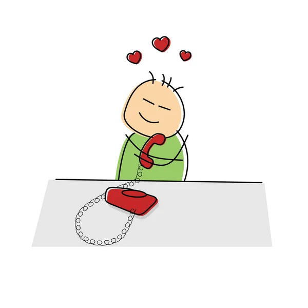 Lovesick cartoon figure chatting to his sweetheart on a red landline telephone clasping it to his breast with a tender smile with hearts above the head