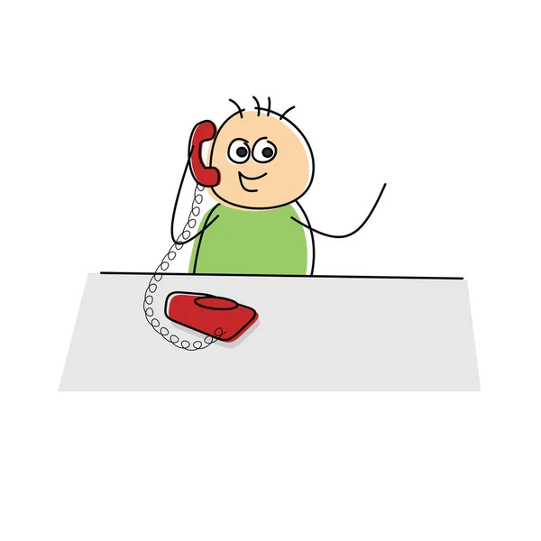 Happy Sketched Green Cartoon Figure Chatting Colorful Red Telephone Smile — Stock Photo, Image