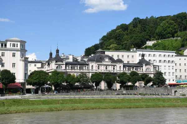 Salzburg Skyline Salzach Salzburg Kathedraal Stadhuis Staatsbrug Rivier Nationaal Theater — Stockfoto