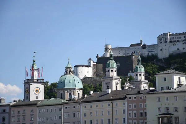 Salzburg Skyline Salzach Salzburg Katedral Stadshus Hohensalzburg Fästning Hohensalzburg — Stockfoto