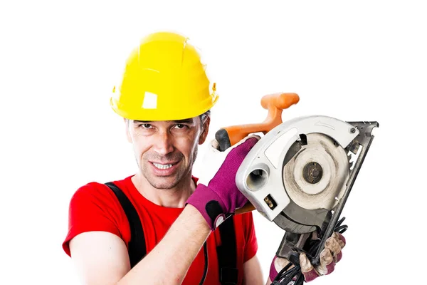 Trabajador Gracioso Con Mano Circular Vista Frente Fondo Blanco — Foto de Stock