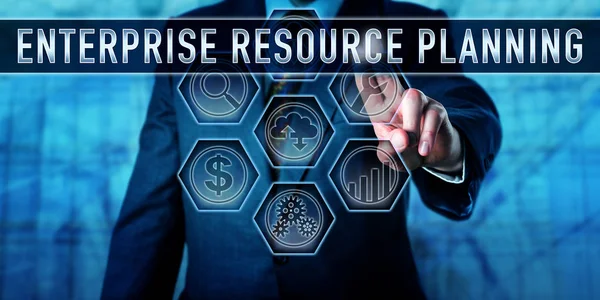 Gerente Corporativo Masculino Está Tocando Enterprise Resource Planning Monitor Interactivo — Foto de Stock
