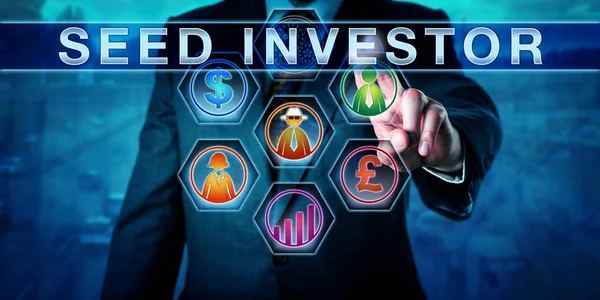 Άντρας Επιχειρηματίας Αγγίζει Seed Investor Μια Οθόνη Ελέγχου Δολάριο Σημάδι — Φωτογραφία Αρχείου