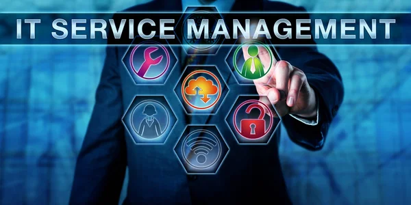 Business Manager Touching Service Management Virtual Interactive Screen Information Technology — Stock Photo, Image