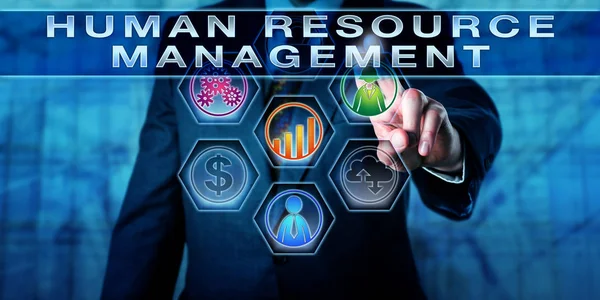 Gerente Está Presionando Human Resource Management Una Pantalla Táctil Interactiva — Foto de Stock