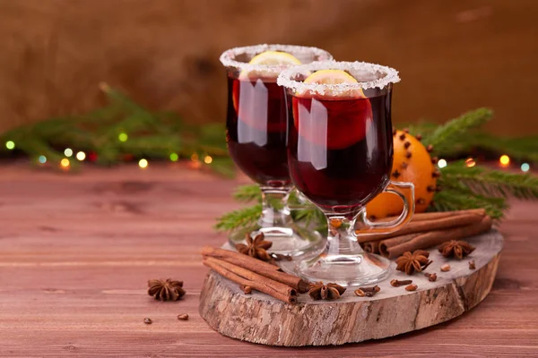 Mulled Wine Fir Branches Fresh Orange Spices Wooden Table — Stock Photo, Image