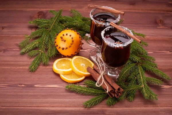 Mulled Wine Fir Branches Fresh Orange Spices Wooden Table — Stock Photo, Image