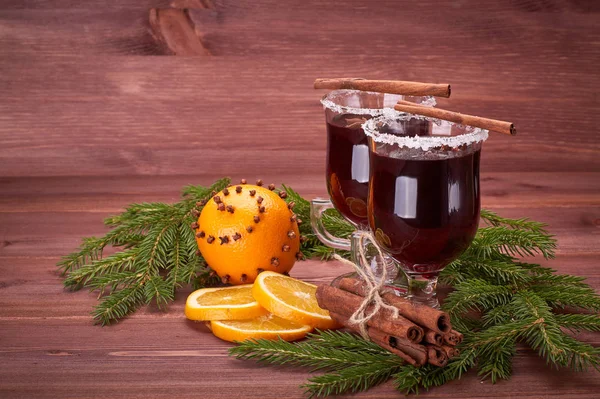 Mulled Wine Fir Branches Fresh Orange Spices Wooden Table — Stock Photo, Image