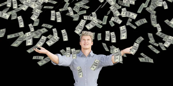 Hombre Atrapando Dinero Cayendo Del Cielo Dólares Estadounidenses — Foto de Stock