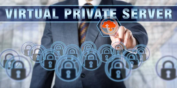 Businessman Pressing Virtual Private Server Interactive Touch Screen Business Metaphor — Stock Photo, Image