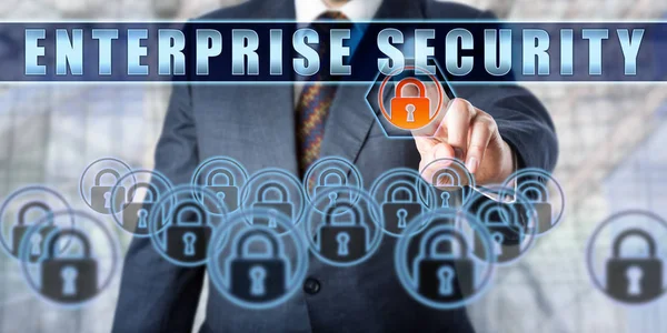 Business Executive Pressing Enterprise Security Interactive Control Screen Business Security — Stock Photo, Image