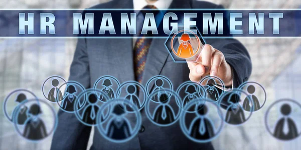 Business Man Está Tocando Management Una Pantalla Interactiva Control Concepto — Foto de Stock