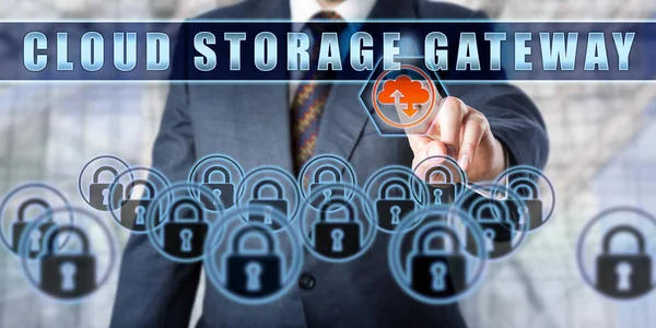 Şirket Yöneticisi Sanal Kontrol Monitöründe Cloud Storage Gateway Zorluyor Metaforu — Stok fotoğraf