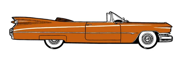 オレンジオーセンティック1959クラシックレトロカーは 白い背景に隔離されています デジタル絵画漫画風イラスト — ストック写真