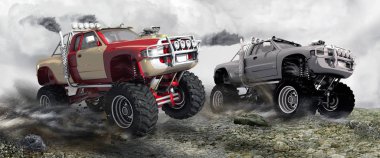 2 monster trucks in the race on rocky ground clipart