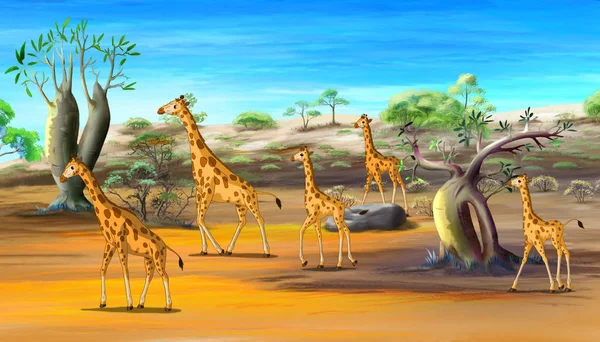 Africká Giraffes Rodina Chůze Savannah Digitální Malířství Kreslený Styl Plné — Stock fotografie