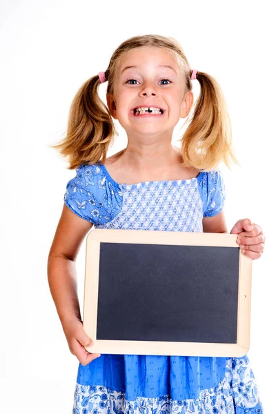 Funny Girl Space Width Showing Little Blackboard — Stock Photo, Image