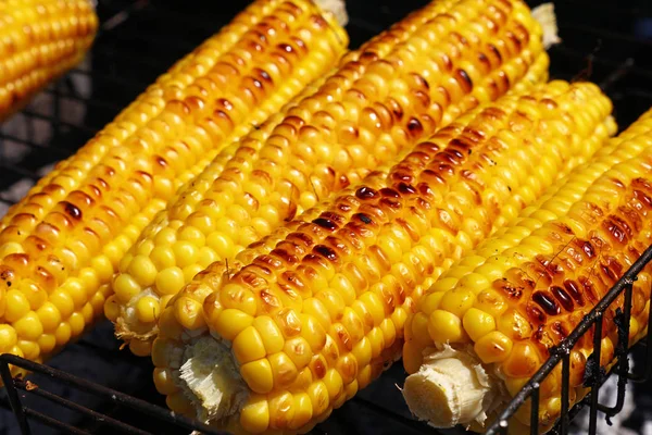 Cuisson Plusieurs Épis Maïs Jaune Brun Doré Frais Sur Barbecue — Photo