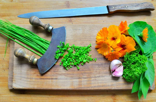 herbs on a wooden board and knife
