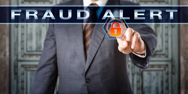 Inspetor Masculino Tocar Fraud Alert Ecrã Táctil Interativo Tecnologia Informação — Fotografia de Stock