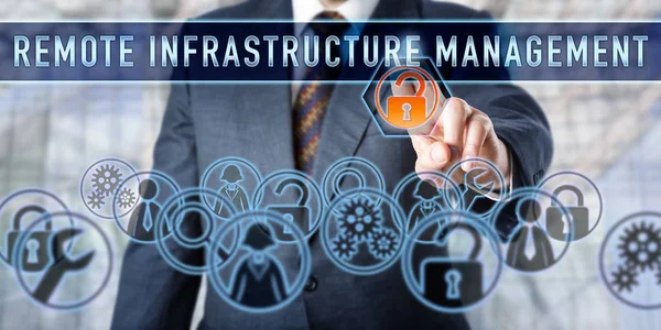 Manager Berör Remote Infrastructure Management Interaktiv Kontrollskärm Företagsmetaforer Och Datanätverkskoncept — Stockfoto