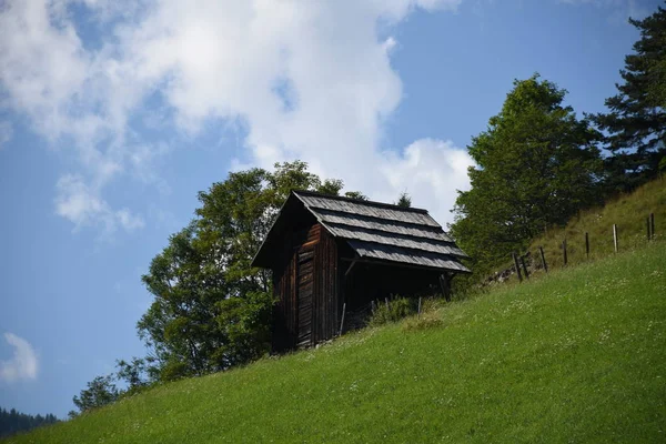 Chata Chata Chata Alpy Ogrodzenie Drewniane Ogrodzenie Wzgórze Łąka — Zdjęcie stockowe