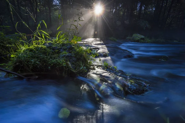 Nebel Und Sonne Brechen Durch Den Fluss Strahlende Morgensonne Und — Stockfoto