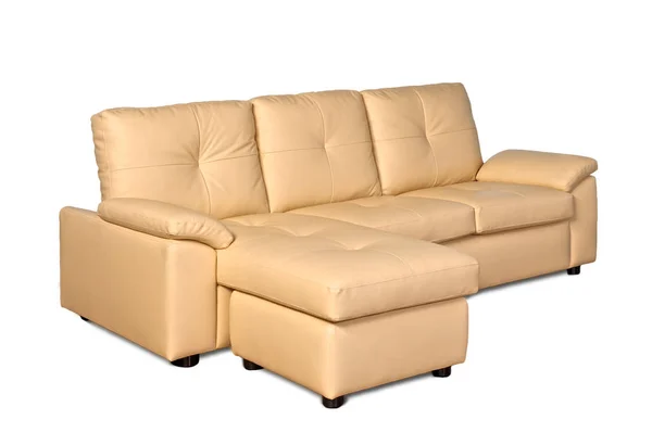 Divano Pelle Beige Isolato Sfondo Bianco — Foto Stock