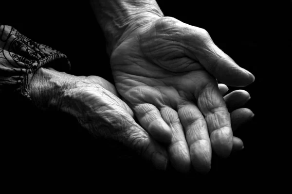 Hands Elderly Woman Superimposed Open Hand Gesture Black White Close — Stock Photo, Image