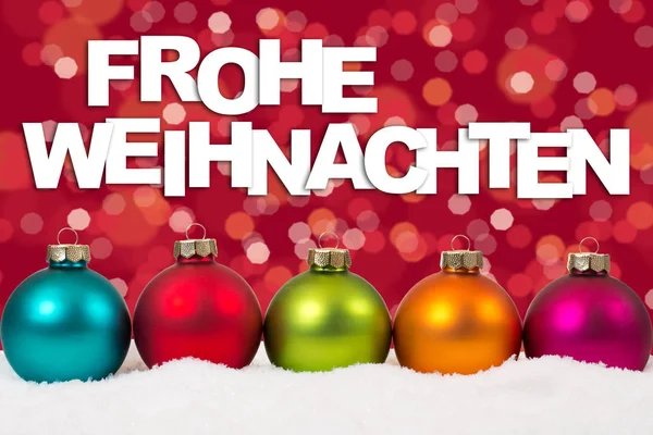 Frohe Weihnachten Karte Bunte Weihnachtskugeln Einer Serie Dekoration Mit Schneelichtern — Stockfoto