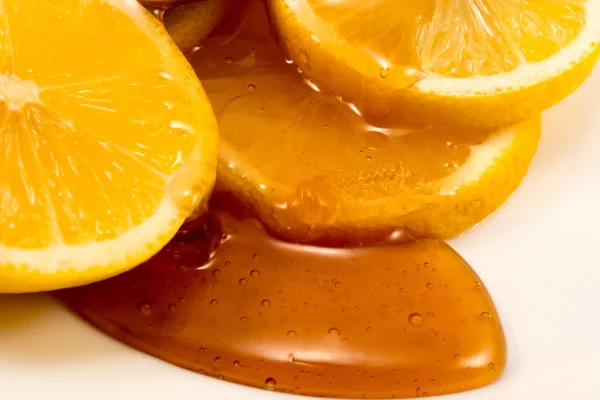 Closeup Sliced Lemon Wooden Spoon Honey — Stock Photo, Image