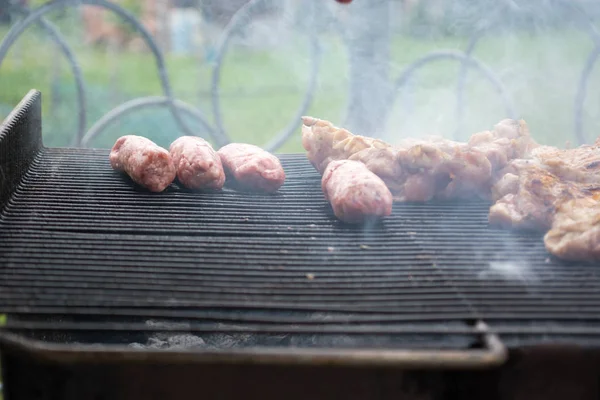 Cevapi Und Schweinekoteletts Grillen — Stockfoto