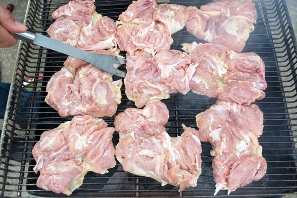 Raw Pork Chops Grill Smoke Rising Heated Grill — Stock Photo, Image