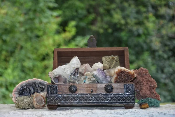 Wiele Minerałów Kwarcu Kamieni Kryształowych Drewnianym Pudełku Zielonym Tle Natury — Zdjęcie stockowe