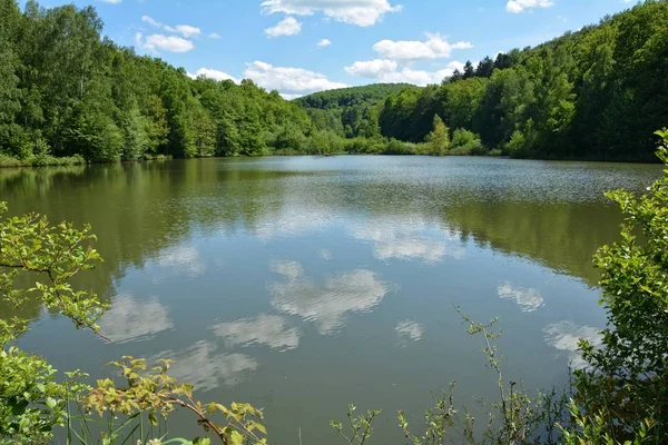 Petit Lac Avec Reflet Ciel Bleu Nuages Forêt Arrière Plan — Photo