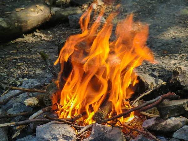 晚上在森林里的营火上 烟熏的旅游水壶 — 图库照片