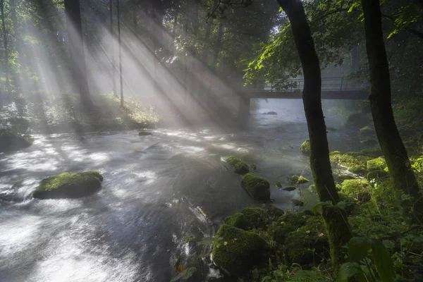 Nebel Und Aufbrechende Sonne Auf Dem Fluss Strahlende Morgensonne Und — Stockfoto