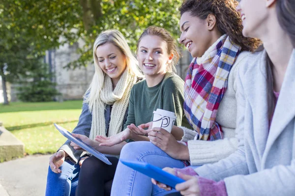Vier Glückliche Studentinnen Lachen Und Lächeln Zusammen Während Sie Genießen — Stockfoto