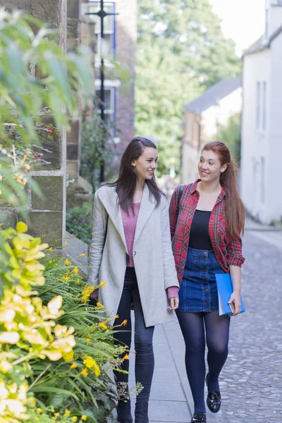 Two Happy Female Students Smile Walk Streets Break Carrying Bags — Stock Photo, Image