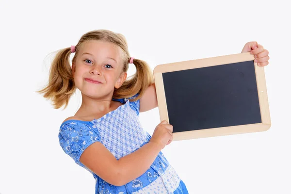 Girl Little Blackboard Front White Background — Stock Photo, Image