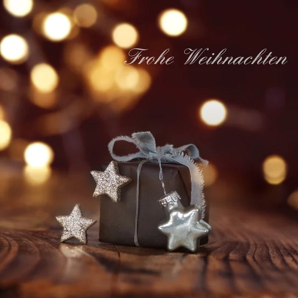 Greeting Card Christmas Parcels Silver Stars Front Festive Background — Stock Photo, Image