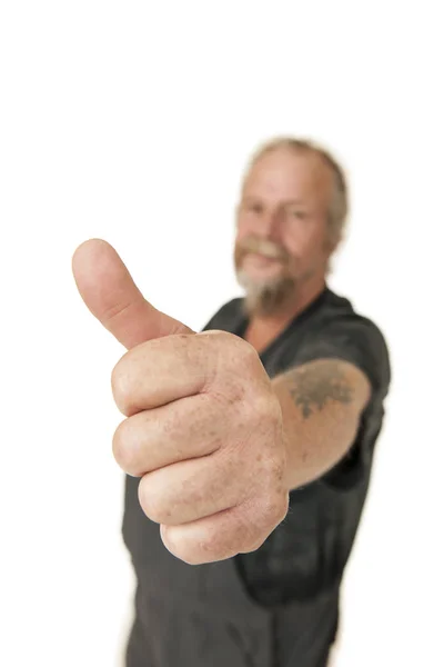 Older Workers Dungarees Showing Thumbs White Background — Stock Photo, Image