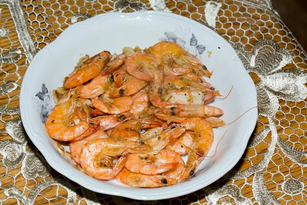 Fresh Gulf Shrimps Garlic Fried Olive Oil — Stock Photo, Image