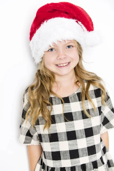 Glad Jul Flicka Santa Hatt Vit Bakgrund — Stockfoto