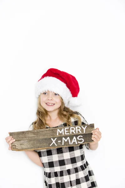 Щаслива Різдвяна Дівчина Капелюсі Санта Білому Тлі — стокове фото