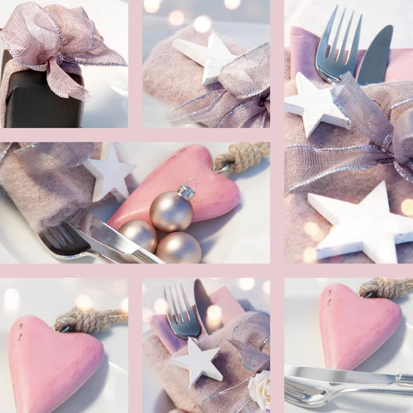 Decoraciones Mesa Collage Colores Pastel Con Estrellas Corazón Para Navidad — Foto de Stock