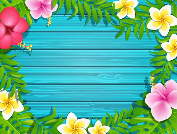 Blauwe Houten Achtergrond Met Tropische Bloemen Bladeren Vectorillustratie — Stockfoto