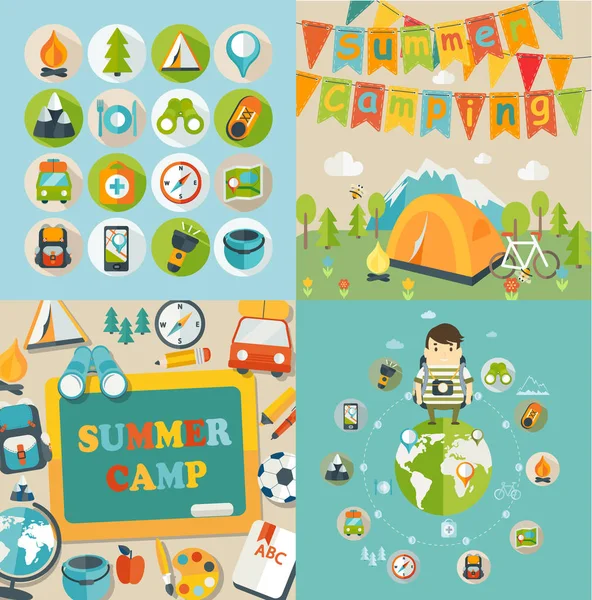 Summer Holiday Travel Themthemed Summer Camp Posters Icons Flat Style — 스톡 사진