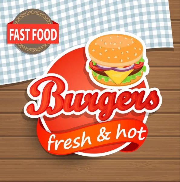 Burger Etikett Oder Sticer Auf Dem Holz Hintergrund Design Template — Stockfoto